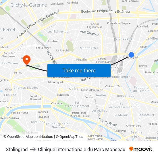 Stalingrad to Clinique Internationale du Parc Monceau map