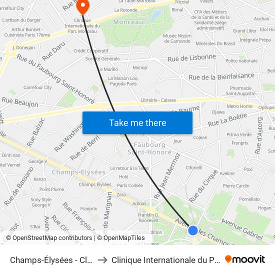 Champs-Élysées - Clemenceau to Clinique Internationale du Parc Monceau map