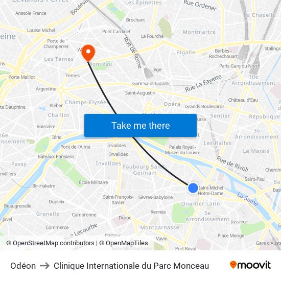 Odéon to Clinique Internationale du Parc Monceau map