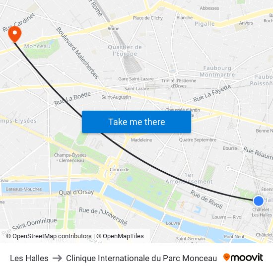 Les Halles to Clinique Internationale du Parc Monceau map