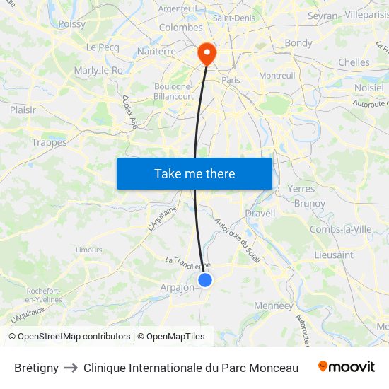 Brétigny to Clinique Internationale du Parc Monceau map