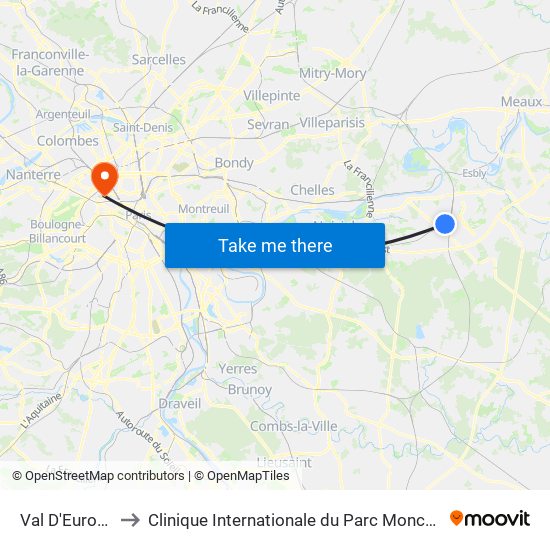 Val D'Europe to Clinique Internationale du Parc Monceau map