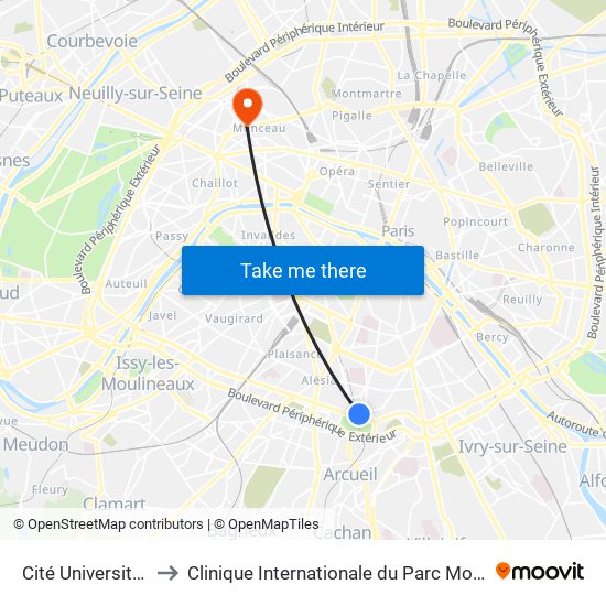 Cité Universitaire to Clinique Internationale du Parc Monceau map