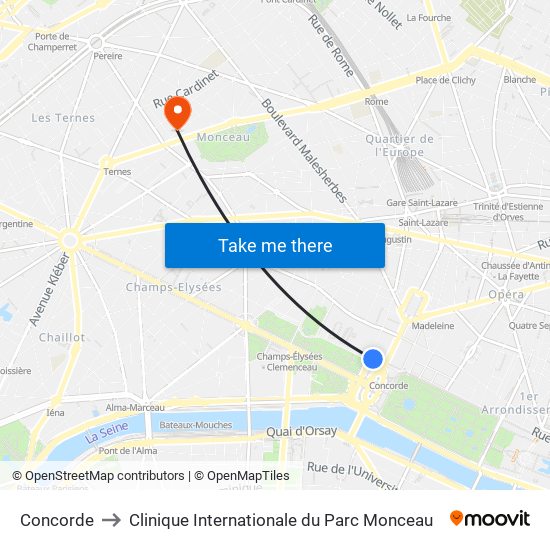 Concorde to Clinique Internationale du Parc Monceau map