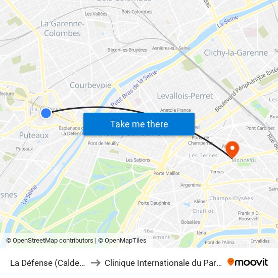 La Défense (Calder - Miro) to Clinique Internationale du Parc Monceau map