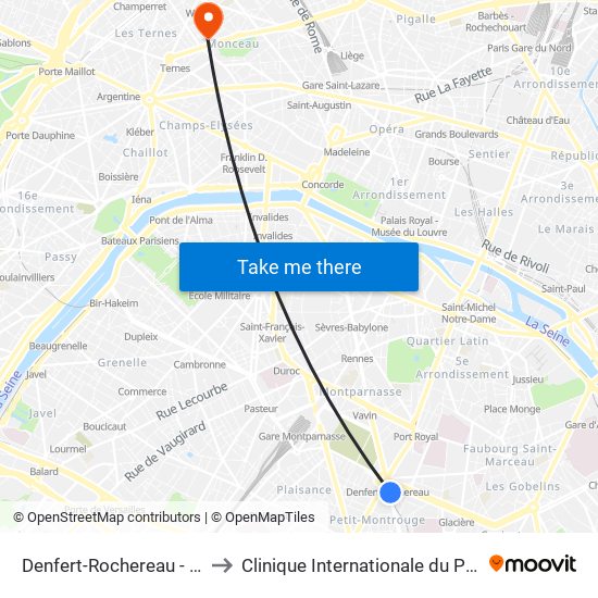 Denfert-Rochereau - Métro-Rer to Clinique Internationale du Parc Monceau map