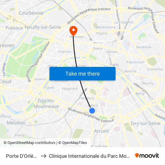 Porte D'Orléans to Clinique Internationale du Parc Monceau map