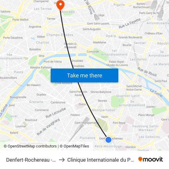 Denfert-Rochereau - Daguerre to Clinique Internationale du Parc Monceau map