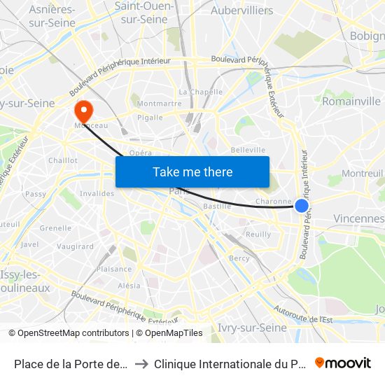 Place de la Porte de Montreuil to Clinique Internationale du Parc Monceau map