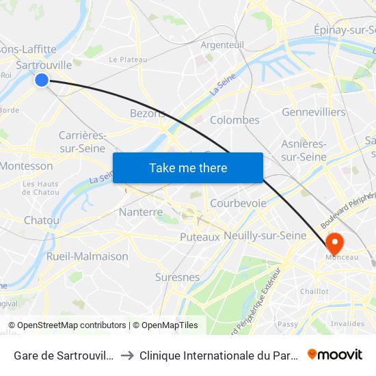 Gare de Sartrouville - RER to Clinique Internationale du Parc Monceau map