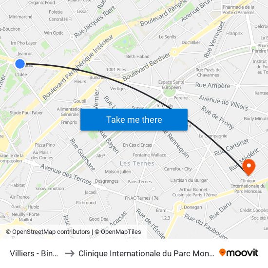Villiers - Bineau to Clinique Internationale du Parc Monceau map