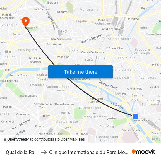 Quai de la Rapée to Clinique Internationale du Parc Monceau map