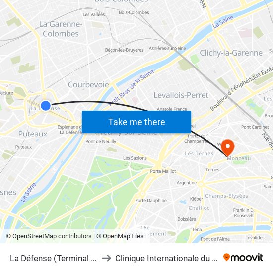La Défense (Terminal Jules Verne) to Clinique Internationale du Parc Monceau map