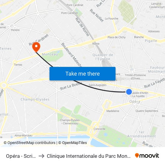 Opéra - Scribe to Clinique Internationale du Parc Monceau map