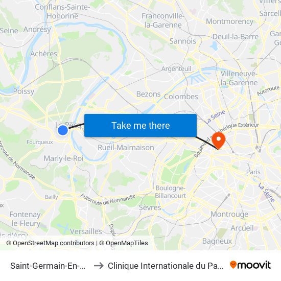 Saint-Germain-En-Laye RER to Clinique Internationale du Parc Monceau map