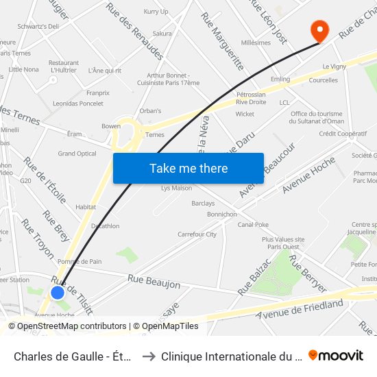 Charles de Gaulle - Étoile - Wagram to Clinique Internationale du Parc Monceau map