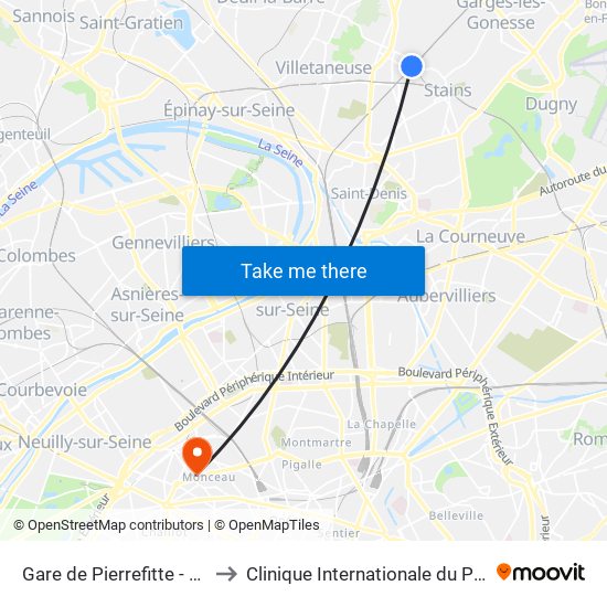 Gare de Pierrefitte - Stains RER to Clinique Internationale du Parc Monceau map