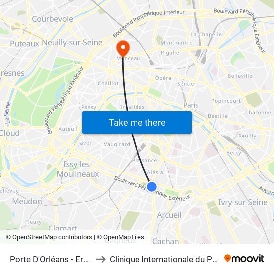 Porte D'Orléans - Ernest Reyer to Clinique Internationale du Parc Monceau map