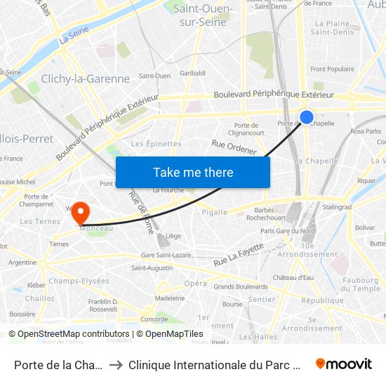 Porte de la Chapelle to Clinique Internationale du Parc Monceau map