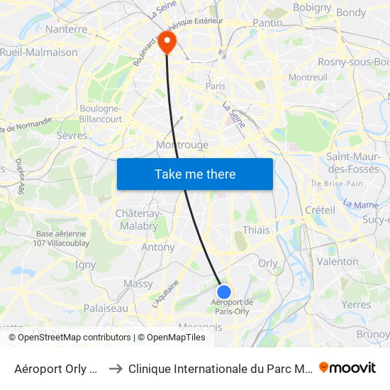 Aéroport Orly 1-2-3 to Clinique Internationale du Parc Monceau map