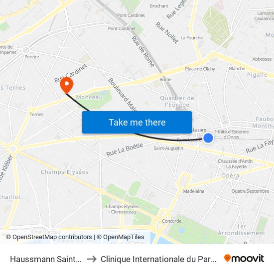 Haussmann Saint-Lazare to Clinique Internationale du Parc Monceau map