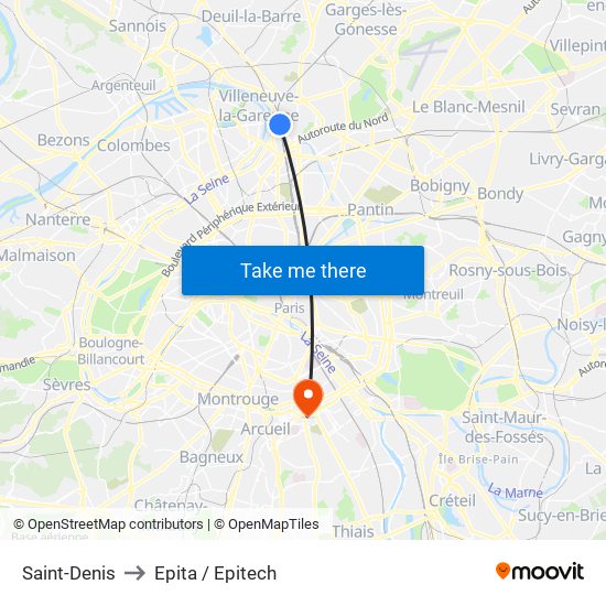 Saint-Denis to Epita / Epitech map