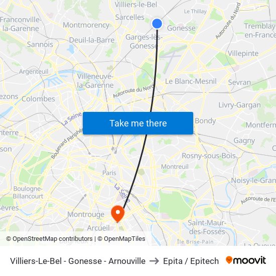 Villiers-Le-Bel - Gonesse - Arnouville to Epita / Epitech map
