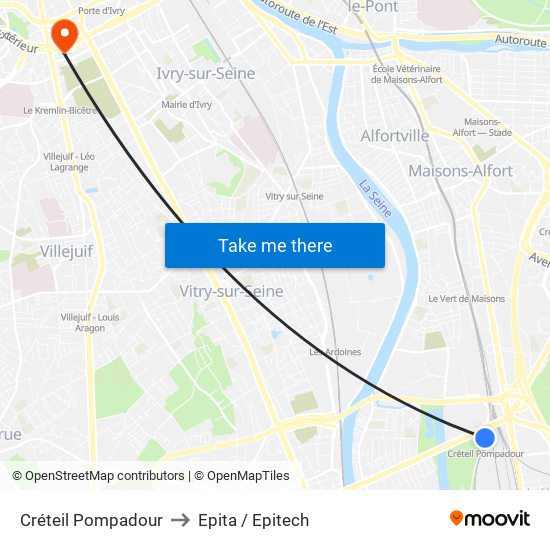 Créteil Pompadour to Epita / Epitech map