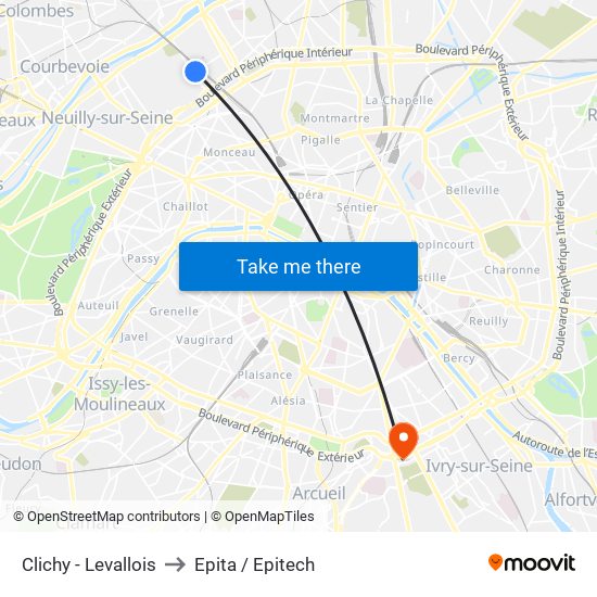 Clichy - Levallois to Epita / Epitech map