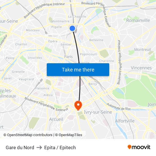 Gare du Nord to Epita / Epitech map