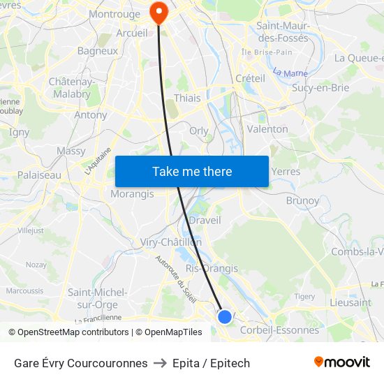 Gare Évry Courcouronnes to Epita / Epitech map
