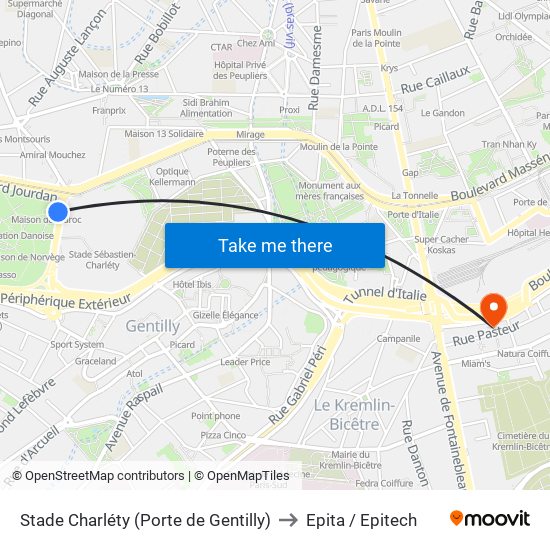 Stade Charléty (Porte de Gentilly) to Epita / Epitech map