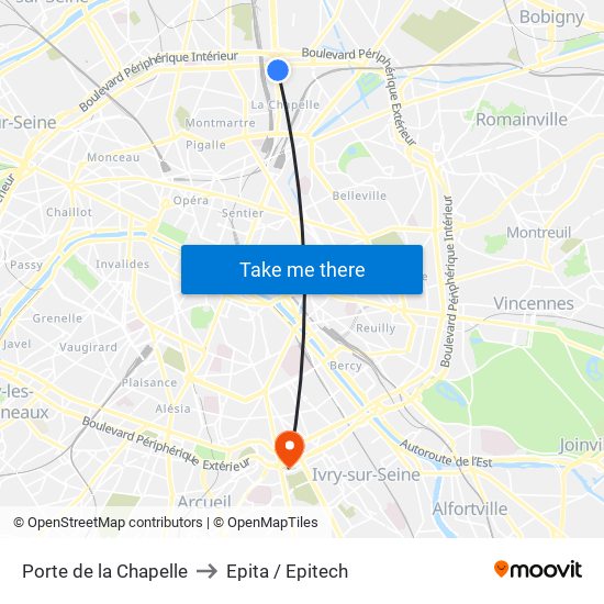 Porte de la Chapelle to Epita / Epitech map