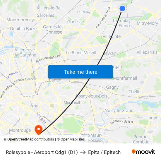 Roissypole - Aéroport Cdg1 (D1) to Epita / Epitech map