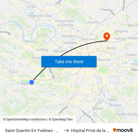 Saint-Quentin En Yvelines - Montigny-Le-Bretonneux to Hôpital Privé de la Seine-Saint-Denis map