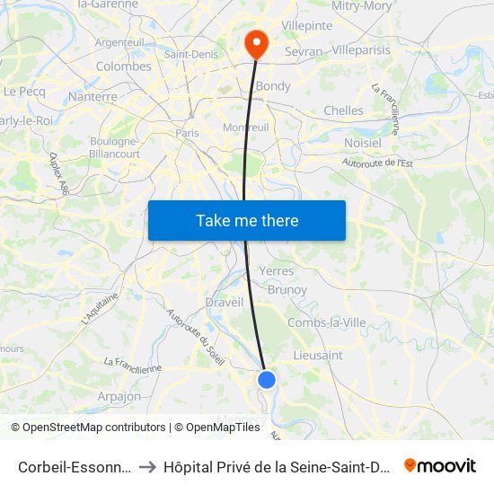 Corbeil-Essonnes to Hôpital Privé de la Seine-Saint-Denis map