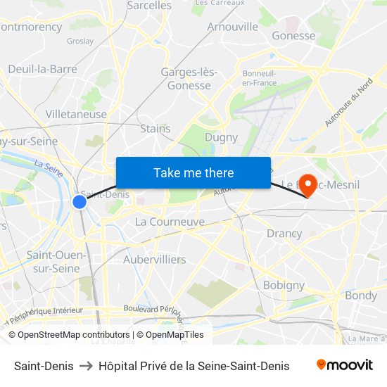 Saint-Denis to Hôpital Privé de la Seine-Saint-Denis map