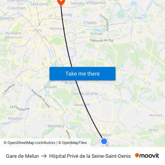Gare de Melun to Hôpital Privé de la Seine-Saint-Denis map