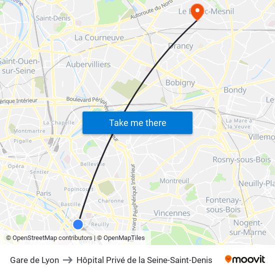 Gare de Lyon to Hôpital Privé de la Seine-Saint-Denis map