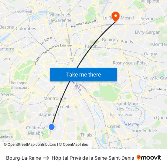 Bourg-La-Reine to Hôpital Privé de la Seine-Saint-Denis map