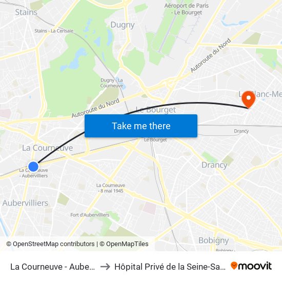 La Courneuve - Aubervilliers to Hôpital Privé de la Seine-Saint-Denis map