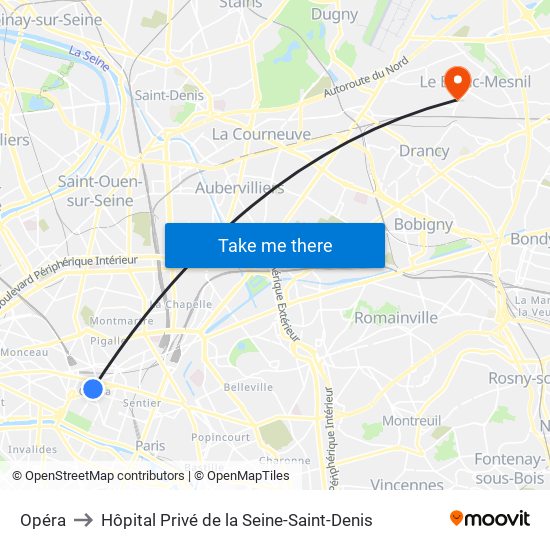 Opéra to Hôpital Privé de la Seine-Saint-Denis map