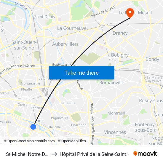 St Michel Notre Dame to Hôpital Privé de la Seine-Saint-Denis map