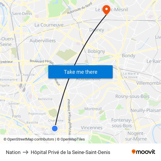 Nation to Hôpital Privé de la Seine-Saint-Denis map