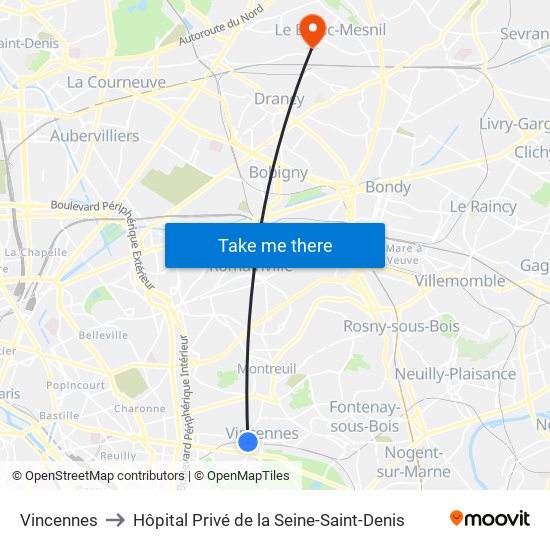 Vincennes to Hôpital Privé de la Seine-Saint-Denis map