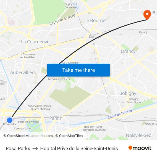 Rosa Parks to Hôpital Privé de la Seine-Saint-Denis map