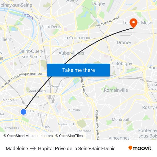 Madeleine to Hôpital Privé de la Seine-Saint-Denis map