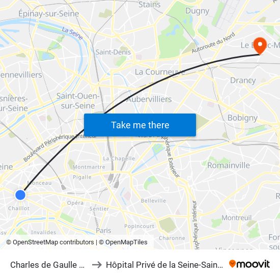 Charles de Gaulle Etoile to Hôpital Privé de la Seine-Saint-Denis map