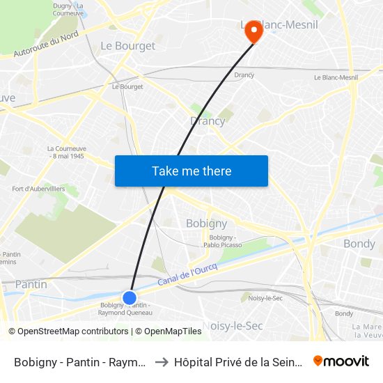 Bobigny - Pantin - Raymond Queneau to Hôpital Privé de la Seine-Saint-Denis map