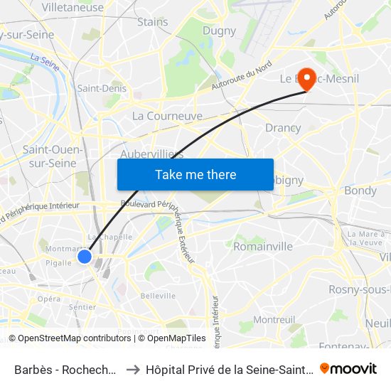 Barbès - Rochechouart to Hôpital Privé de la Seine-Saint-Denis map